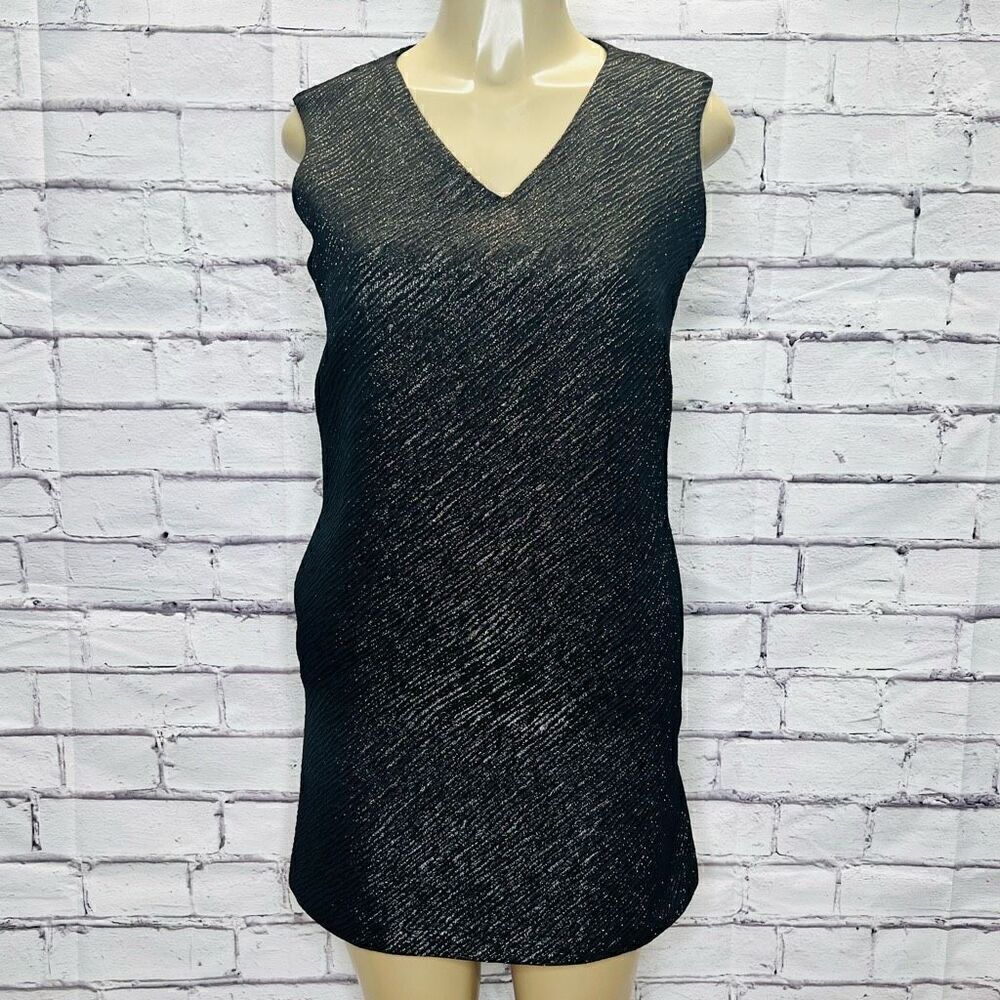 Milly Womens Black Metallic Sleeveless V-Neck Wool Shift Dress Size 4